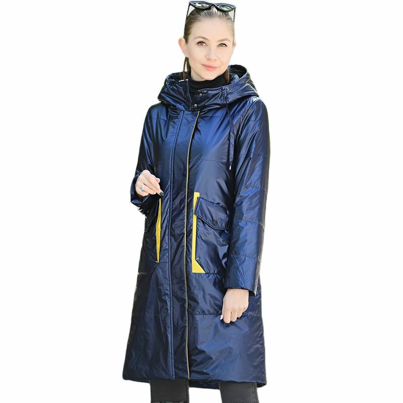 2022 New Spring Autumn Women's Parka Thin Women Coat Long Quilted High Quality Metallic Fabric Contrast Color Cotton Jackets