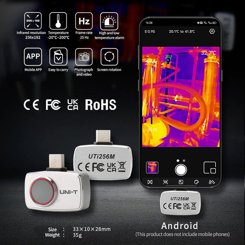 UNI-T-Câmera de Imagem Térmica para Celular Android, Tipo C Smartphone Imager, Infravermelho, 256x192 Pixels, UTi256M