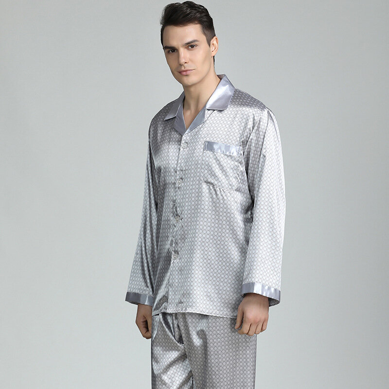 ชุดนอนพิมพ์ PJS Intimate 2PCS ชุดชั้นใน Faux ชุดเสื้อและกางเกงชุดนอนลำลอง Pijamas ชายผ้าไหมซาตินชุดนอนชุด