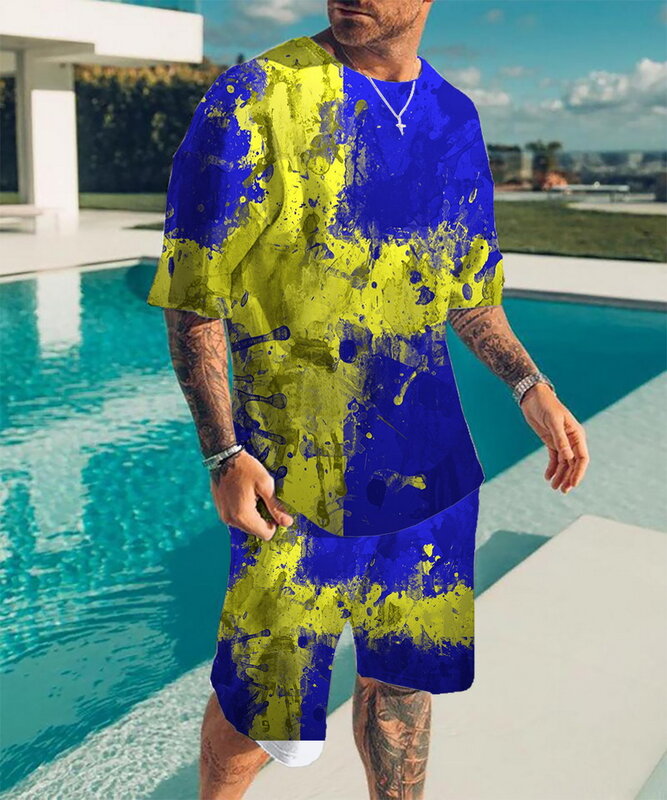夏男性の衣装3Dプリント半袖tシャツ衣装カジュアル2ピースストリートファッション男性の服