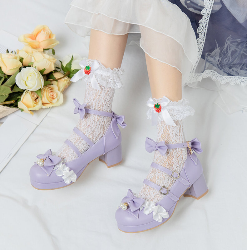 Woman's High Heel Vintage Lolita Shoes Bowknot Mary Jane Shoes JK Cosplay Dress Uniform Pumps Ankle Strap Lace Ruffles Wedding