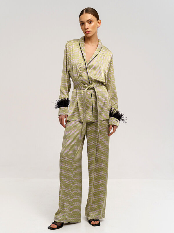 Hiloc-プリントされた長袖の羽,女性用の春の衣装,ナイトウェア,ファッショナブルなパンツ,2023