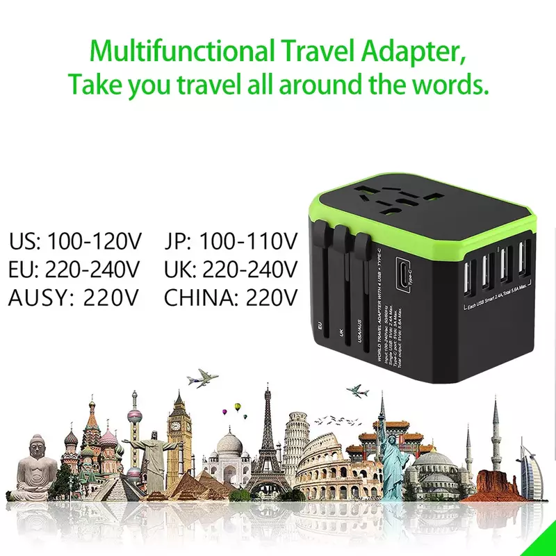 Adaptador de viaje Universal, cargador de pared Internacional, adaptador de enchufe de CA con alimentación inteligente de 5.6A y USB tipo C de 3.0A para EE. UU., UE, Reino Unido y AU