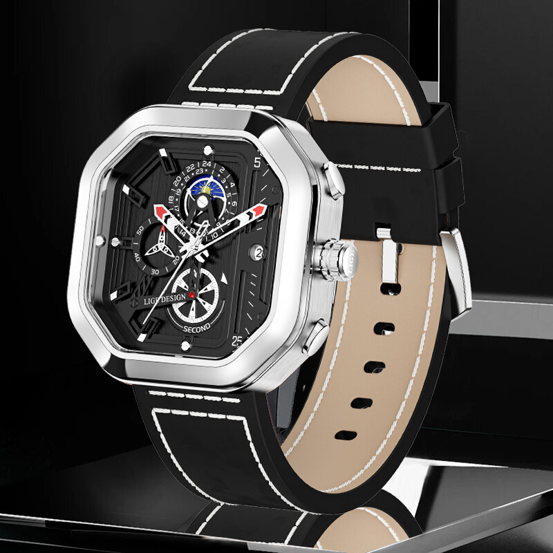 LIGE – montre de luxe pour hommes, Quartz noir, bracelet en Silicone, Sport, horloge carrée, étanche, 24 heures, Phase de lune, 2022