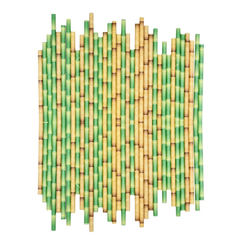 200Pcs 녹색 노란색 대나무 패턴 종이 빨 대 주스 칵테일 마시는 빨 대 웨딩 바 정글 파티 용품
