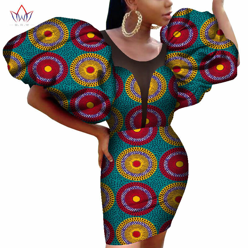 African Summer Pencil Mini Dress for Women BINTAREALWAX Big  Puff Sleeve Above-knee Length Sexy Women Cotton Dress Ankara WY8585