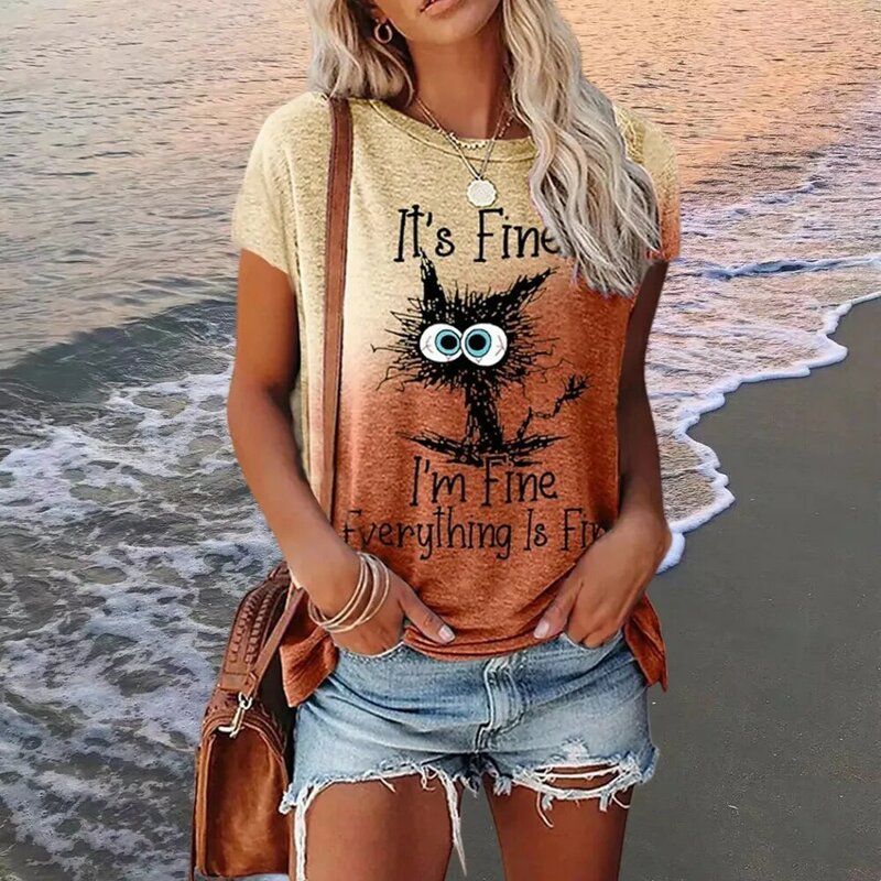 Summer Cat T Shirt for Women Oversize T-shirt Round Neck Clothes Pulovers Top Graphic T Shirts Casual Women's 3d Print Harajuku
