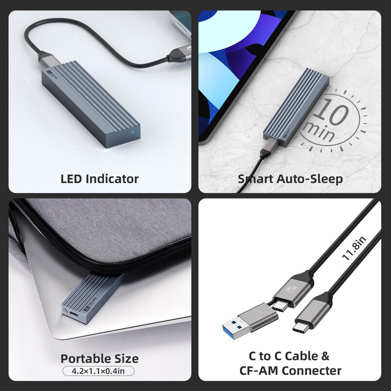 SANZANG M.2 NVME SATA SSD 인클로저 어댑터, 알루미늄 10Gbps USB C 3.1 Gen2 NVME PCIe 또는 10Gbps 외장 솔리드 스테이트 드라이브