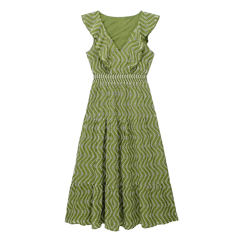 Suninbox 여성용 자수 드레스, 단색 브이넥 민소매 레이어드 장식, 프릴 가장자리 미드 카프 롱 드레스, 2023 여름 신상