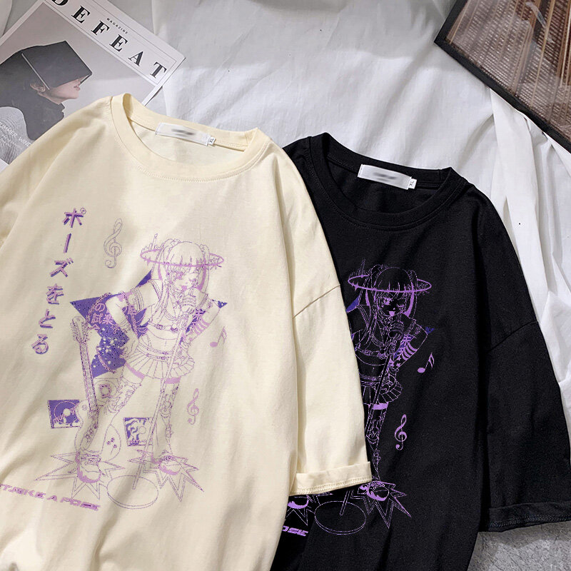 Übergroßen T-shirt Goth Kurzarm Top Weibliche T-shirt Kawaii Damen Kleidung Männer T-shirts Harajuku Musik Mädchen Print Schwarz Ernte