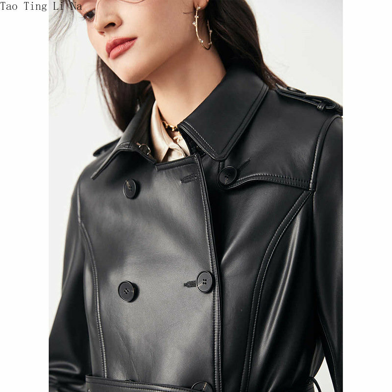 2023 Women New Genuine Sheep Leather Windbreaker Double-breasted Windproof Buckle Real Sheepskin Leather Jacket W21