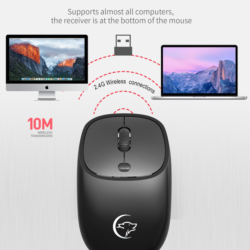 Ratón inalámbrico USB para ordenador, ergonómico, silencioso, 2400 DPI, óptico, silencioso, para PC y portátil