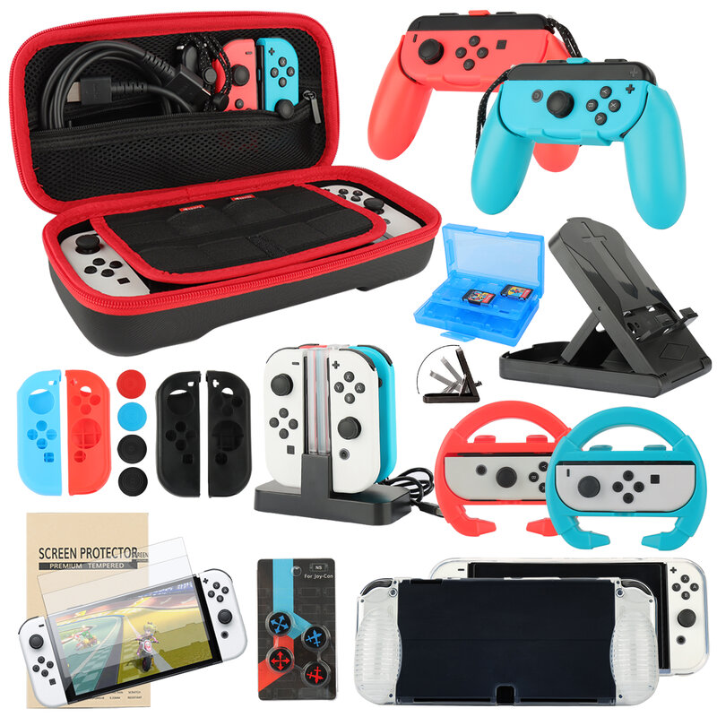 Kit de accesorios para Nintendo Switch/Switch, juego de modelos OLED, tapas de agarre de rueda, estuche de transporte, Protector de pantalla, controlador