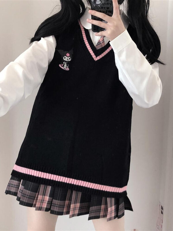 HOUZHOU-카와이 스웨터 조끼 만화 양복 조끼, 귀엽고 귀여운 프레피 스타일 여성 풀오버, v 넥 자수 일본 로리타 탑스