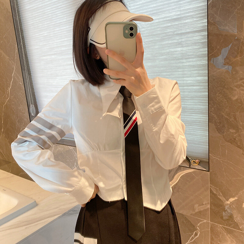 Camisa de manga larga con lazo delgado para mujer, camisa de fondo blanca universitaria, estilo coreano TB, alta calidad, primavera y verano, nuevo