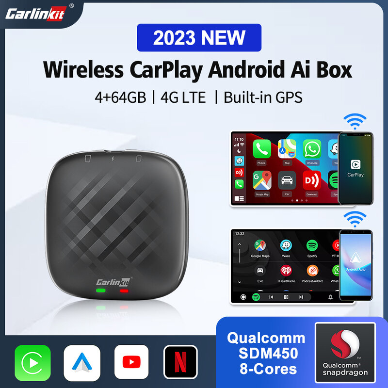 CarlinKit-스마트 무선 안드로이드 오토 & 카플레이 Ai 박스 TV 박스 4 + 64G 퀄컴 8 코어 GPS 지원 유튜브 넷플릭스, 포드 VW 기아용