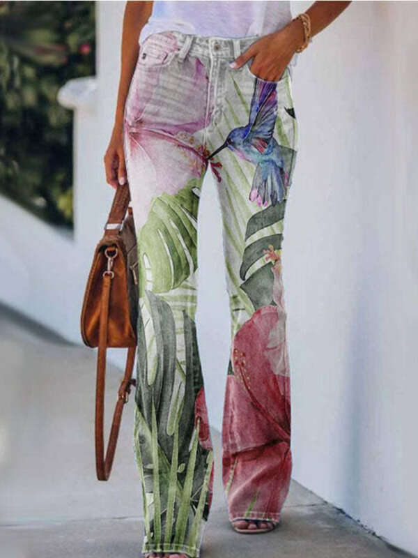 2022 джинсы европейские и американские большие женские повседневные брюки с цветами тонкие прямые брюки женская одежда