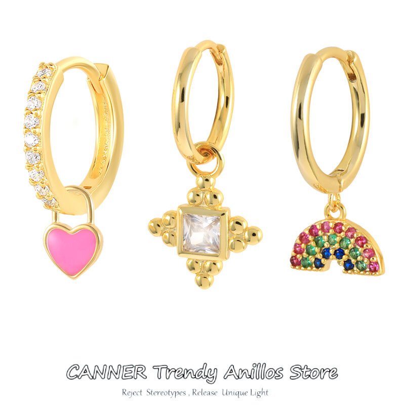 CANNER 3pcs/set Boho Rainbow Round Huggies Earrings Set for Women Girls Cute Enamel Heart Star Pendant Ear Studs Fine Jewelry