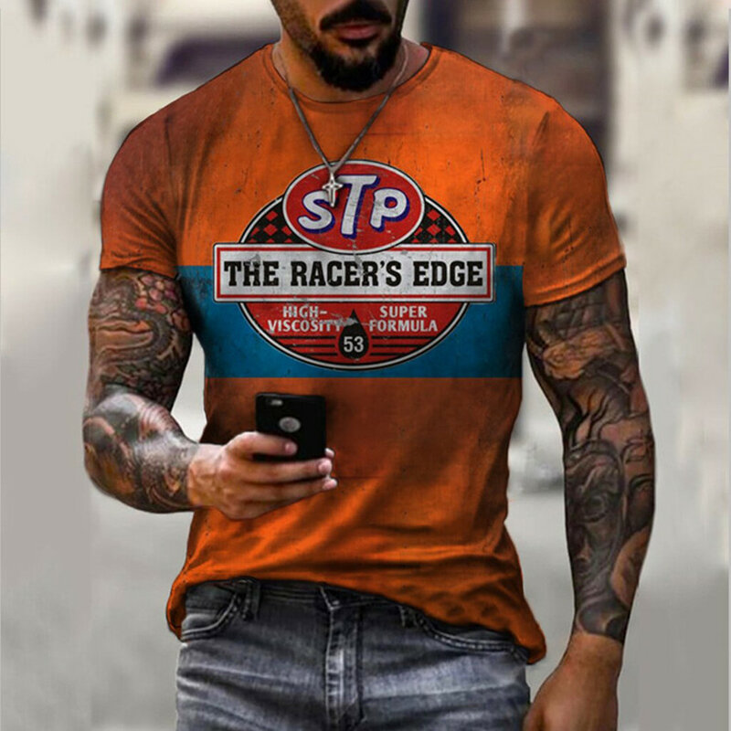 패션 STP 3D 프린트 티셔츠 남성 스트리트 클래식 레트로 라운드 넥 반팔 캐주얼 오버사이즈 티셔츠, 여름 인기 스트리트 탑
