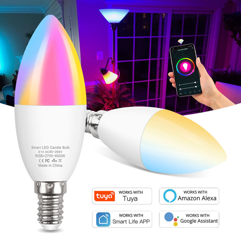 Bombilla inteligente Tuya E14, lámpara Led RGBWW RGBCW, Wifi, vela E14, funciona con Siri, Alexa, asistente de Google Home