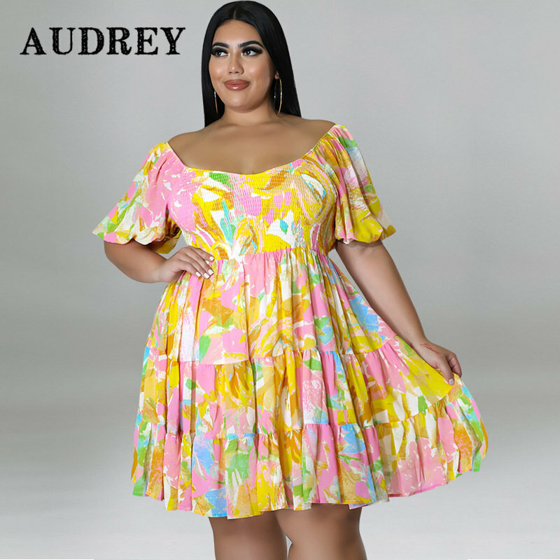 Plus Size Women Clothing Sexy Off Shoulder Bodycon Ruched Backless Print Short Sleeves Midi Dress Party Clubwear Vestidos Ladies