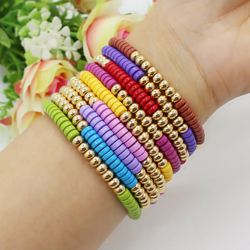 DIY Handmade Beaded Enamel Charm Bracelet for Women Boho Tube Disc Rainbow Stretch Bracelet for Women Jewelry Accessories