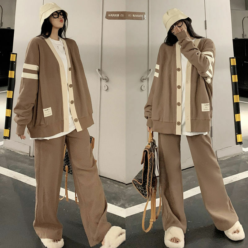 Leisure Sports Suit Women's Spring New 2022 Lazy Style Cardigan Sweater Jacket Wide Leg Straight Pants Two-piece Women's Suit