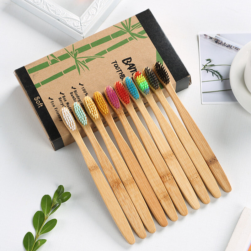 10 Buah Set Sikat Gigi Bambu Alami Warna-warni Bulu Lembut Arang Gigi Pemutih Bambu Sikat Gigi Lembut Perawatan Mulut Gigi