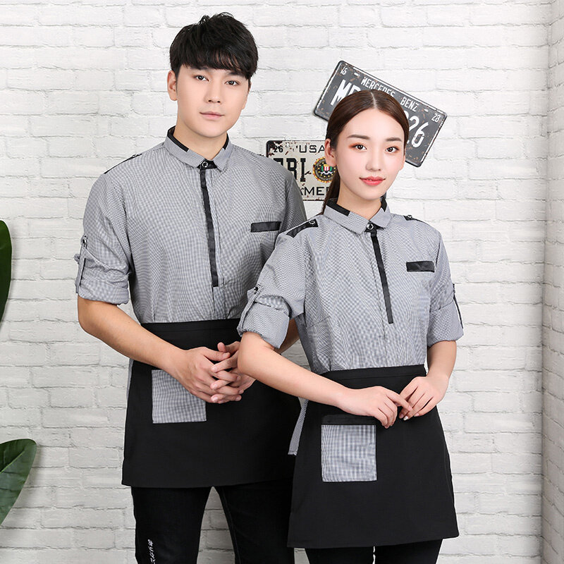 2023 neue Mode Langarm Kellner Shirt mit Schürze Set Fast Food Shop Kellnerin Kleidung Restaurant Mitarbeiter Arbeiten Uniform