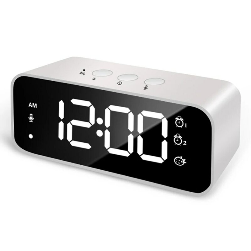 Rechargeable DIY Sound Recording LED Mirror Music Clock with Dual Alarms and Snooze Bedroom Decor Desk Table Phone Charger Clock