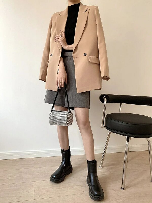 BM & ZA-Blazer croisé chic pour femme, manteau vintage pour femme, col cranté, manches longues, haut d'extérieur pour femme, mode de bureau