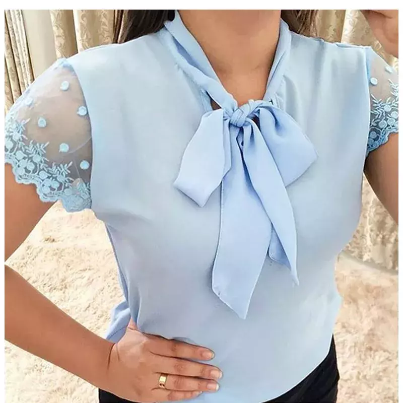 Blusa informal de chifón de manga corta con encaje para mujer, camisa con lazo de encaje, S-5XL, elegante, para oficina, novedad de 2022