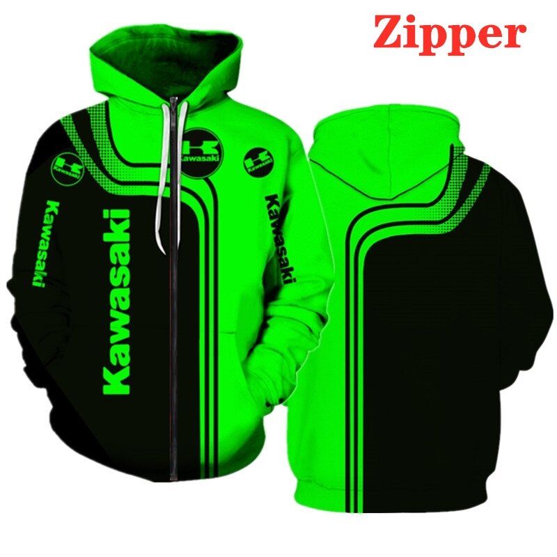 2022 New Fashion Kawasaki Logo Hoodie 3D Digital Print Men Sportswear Harajuku Casual Jacket Motorcycle Clothing Zip Green Hoodi