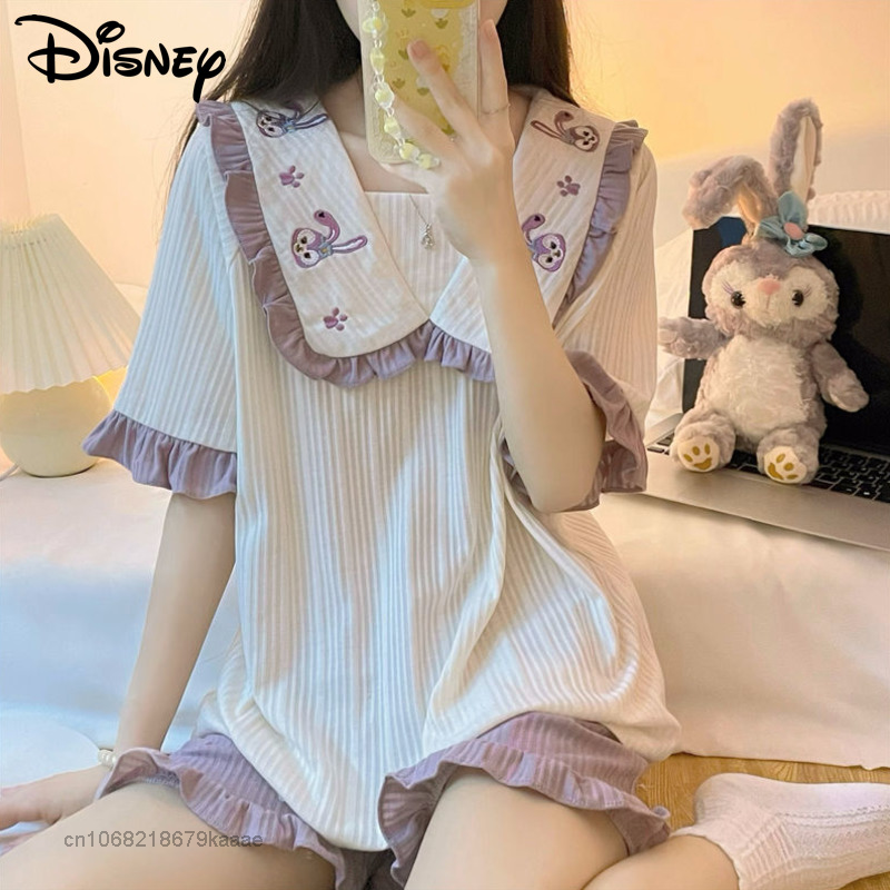 Disney StellaLou Summer Home Clothes Women Pajamas 2 Piece Set Sweet Doll Collar Tops Short Sleeve T-shirt Shorts Y2k Sleepwear