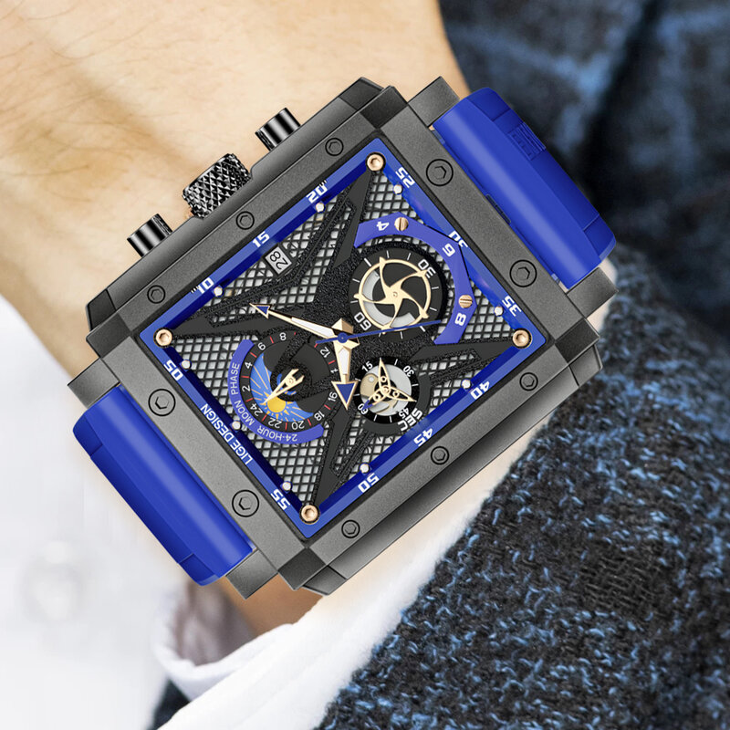 Часы наручные LIGE Мужские кварцевые с хронографом, модные креативные повседневные спортивные водонепроницаемые с квадратным циферблатом