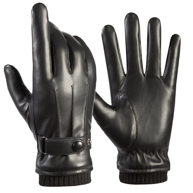 Мужские зимние перчатки, кожаные черные перчатки на пуговицах, теплые варежки, роскошные мужские перчатки из искусственной кожи для вожден...