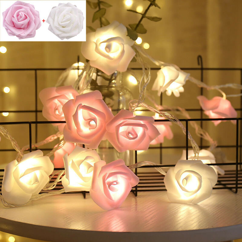 Guirnalda de luces LED con forma de rosa Artificial, guirnalda de Navidad para el Día de San Valentín, decoración de fiesta de boda, 10/20/40 LED, funciona con USB/batería