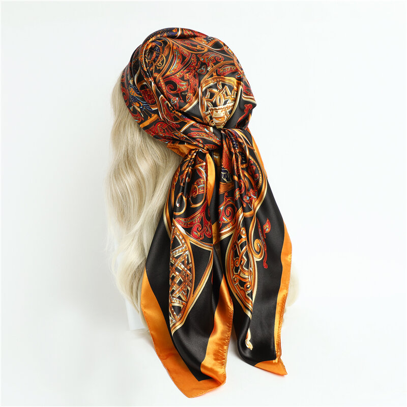 Design Print Hijab Headband Scarf for Women Fashion 90cm Satin Silk Square Scarves Muslim Head Wrap Bandana Foulard Luxury Shawl