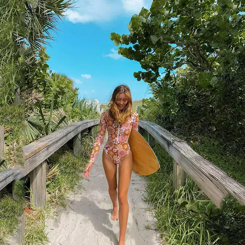 FUFUCAILLM stroje kąpielowe z nadrukiem słonecznika kobiety z długim rękawem z kwiatowym wzorem obcisła strój kąpielowy moda na zamek stylowa plaża odzież damska Chic Bikini