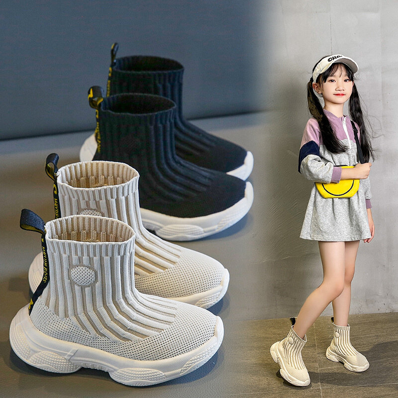 Zapatos de calcetines de Color sólido para niños, zapatos transpirables informales de tendencia, zapatos deportivos coreanos para niños, zapatos de punto para bebés y niñas