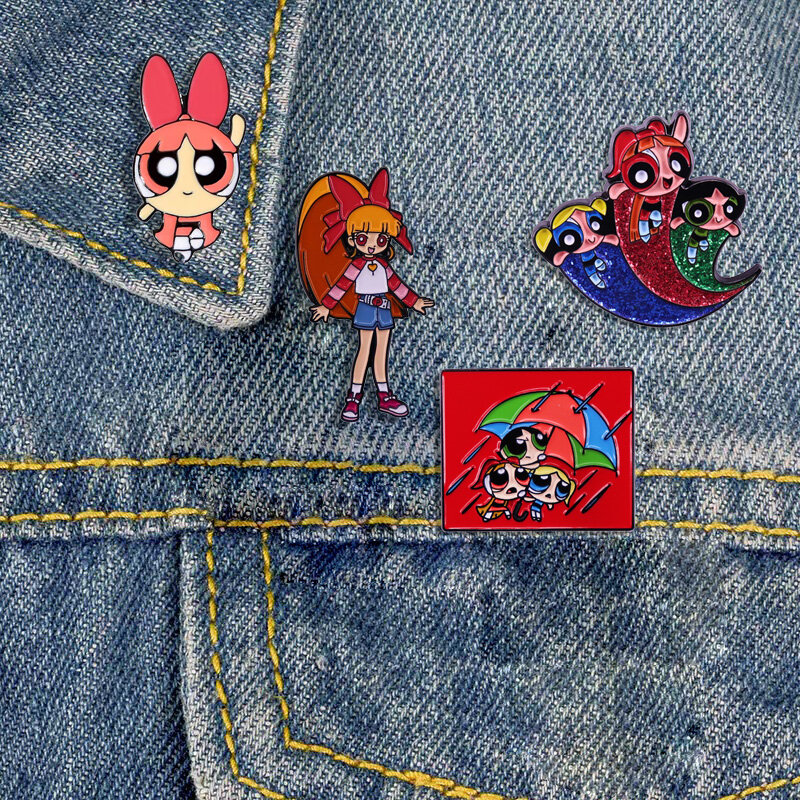 High Quality New Cute Powerpuff Girls Enamel Pin Kawaii Girl Anime Badge Lapel Pin Unique Jewelry Gift for Friends