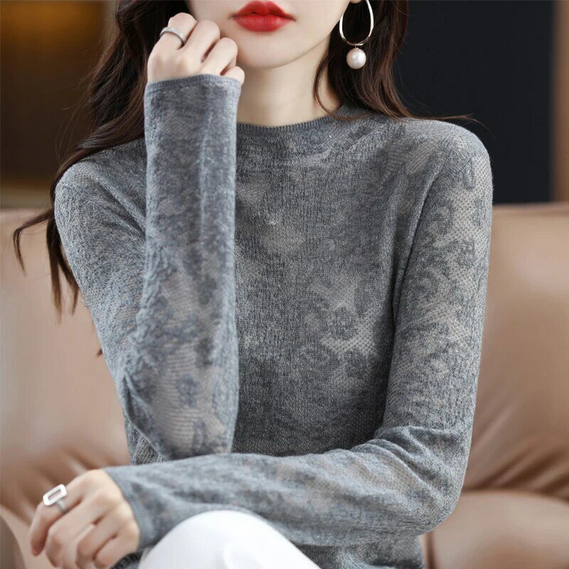 Início da primavera e do outono nova camisola de lã oca semi-alta pescoço feminino cor sólida sexy laço manga comprida malha camisa inferior