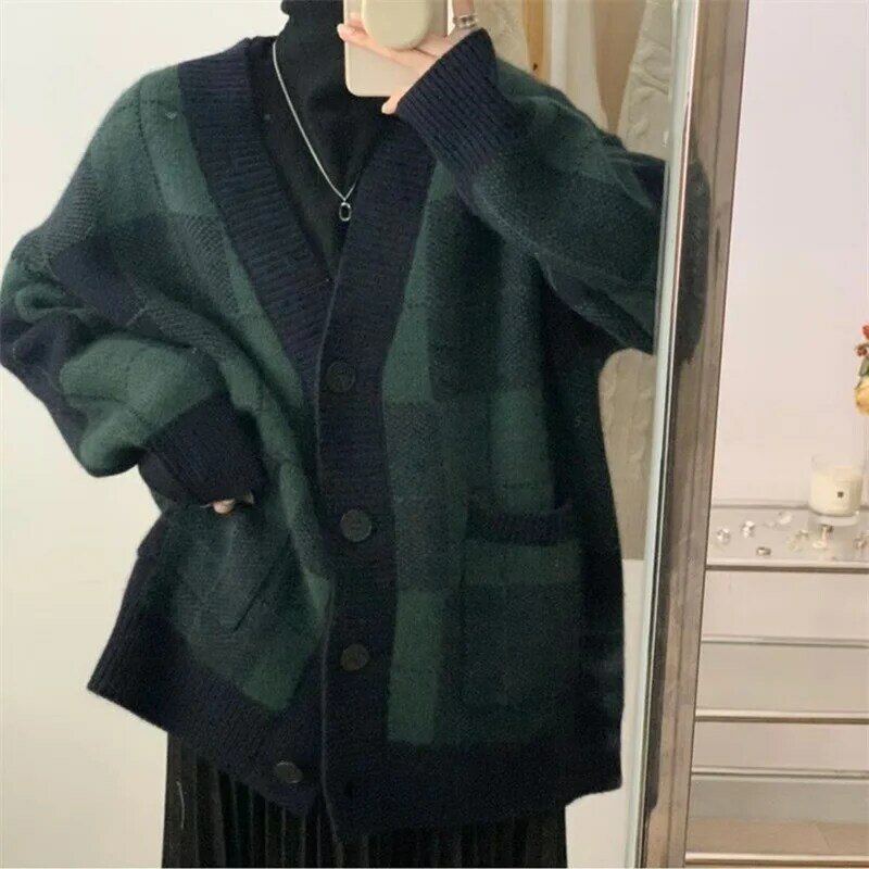 YUQI V-neck Women Button Black Retro Plaid Cardigan 2022 Long Sleeve Sweater Autumn Winter Knitted Loose Oversized Jumper Casual