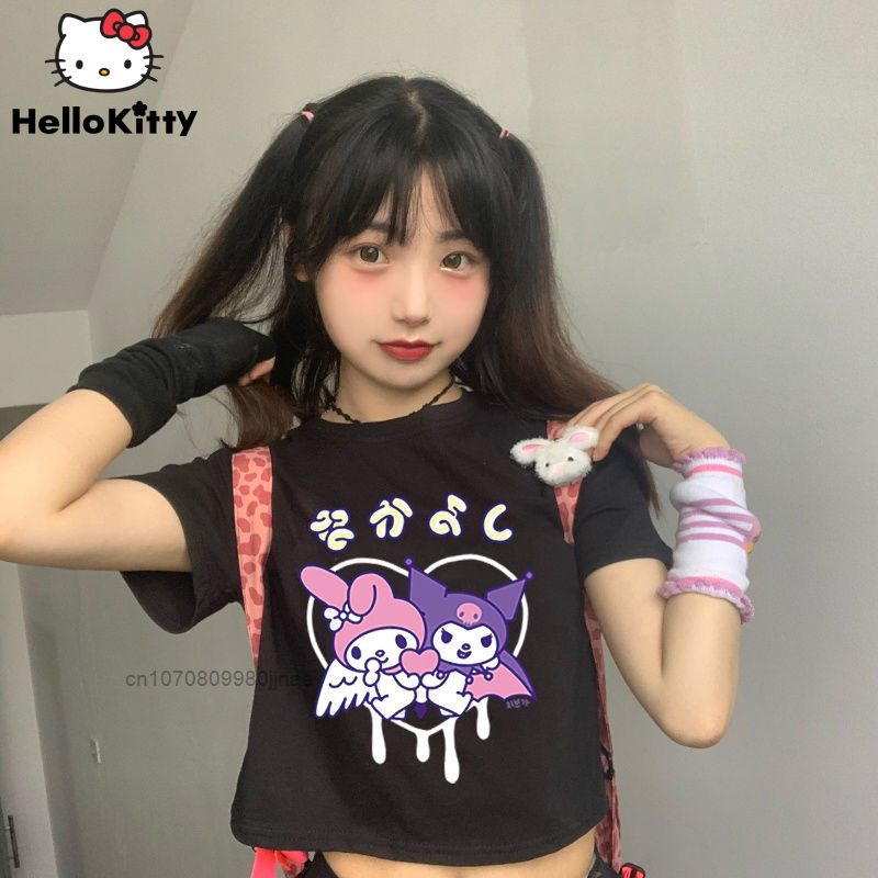 Kuromi moda Streetwear koszulka z krótkim rękawem kobiety lato dorywczo luźne Kawaii ubrania dla Y2k dziewczyna w stylu Harajuku śliczne T Shirt