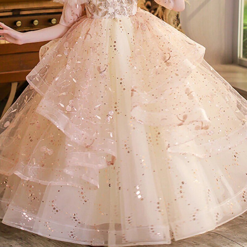 فستان الأميرة مع يزين تصميم الديكور للفتيات ، ثوب الكرة شبكة ، نصف كم ، زهرة الترتر ، حفلة عيد ميلاد ، والأزياء