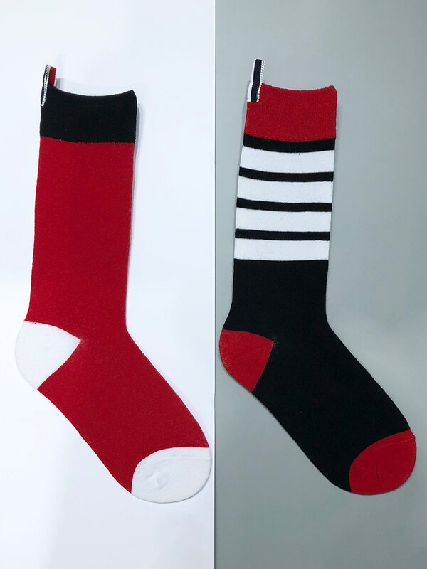 3 pares de tb mid-tube meias femininas maré marca tendência vermelho quatro barras listrado hip-hop meias