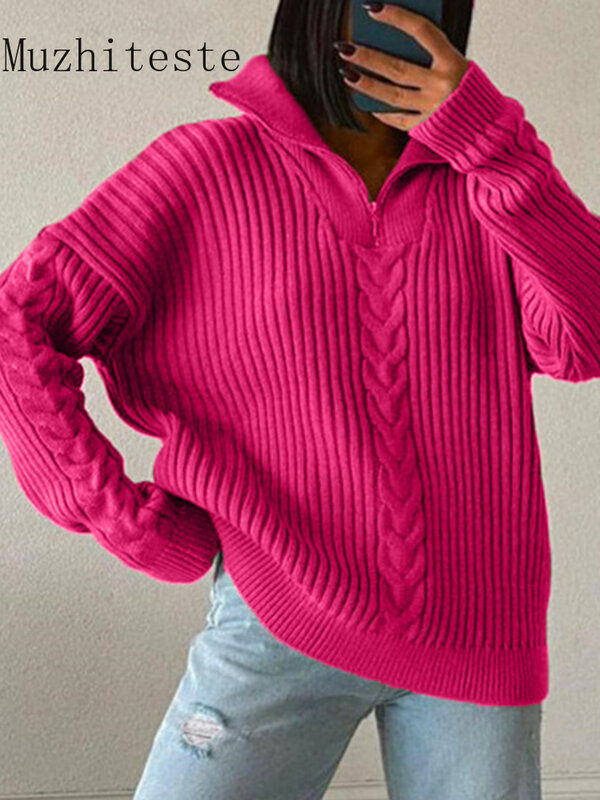 Women Sweater Lapel Loose Casual Autumn Winter Knitted Zipper Pullover Sweate Rsolid Color  Long Sleeve Top Fashion Tops Women