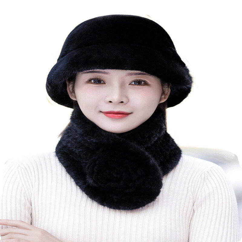 New Natural Mink Fur Hat Scarf Suite Winter Women's Hats Real Mink Fur Cap High Quality Lady 100% Genuine Fur Scarf