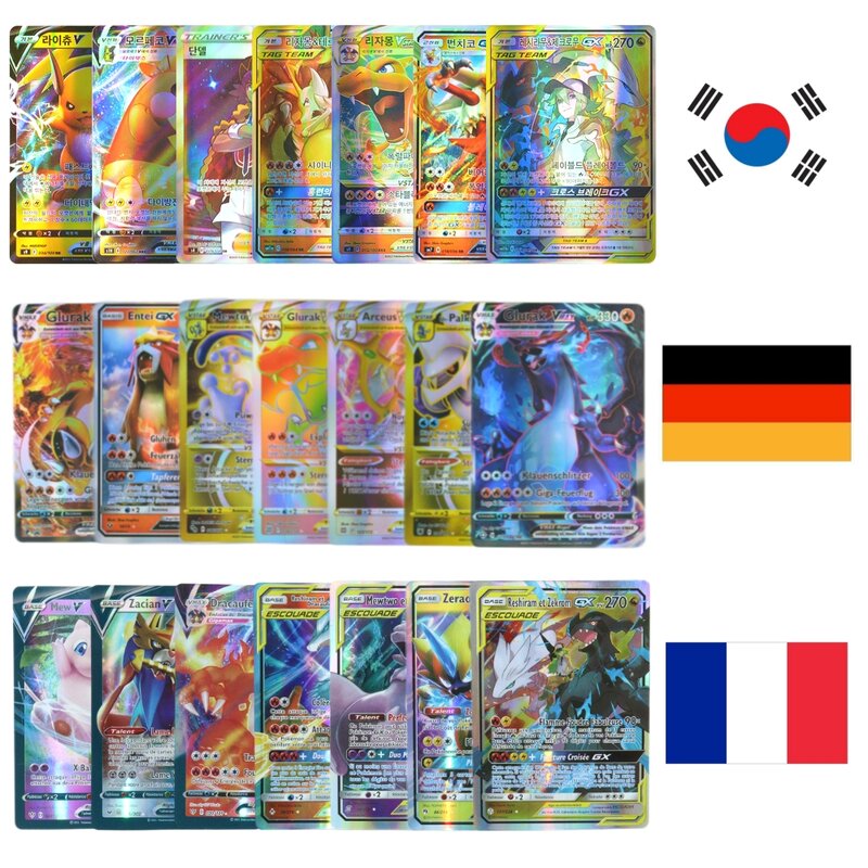 100-120pcs Pokemon Card Vstar Vmax GX German French Korean Arceus Pikachu Charizard Mewtwo Playing Battle Energy Collection Card