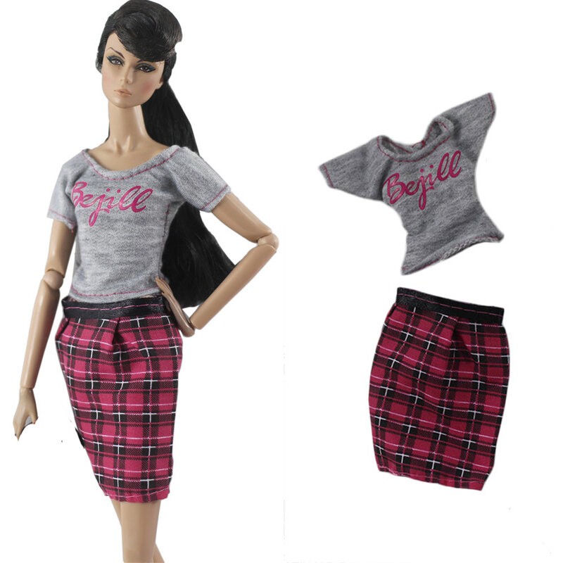 Nk oficial 1 conjunto de moda vestido diário casual roupa senhora cinza t-camisa xadrez saia roupas casuais para barbie boneca acessórios